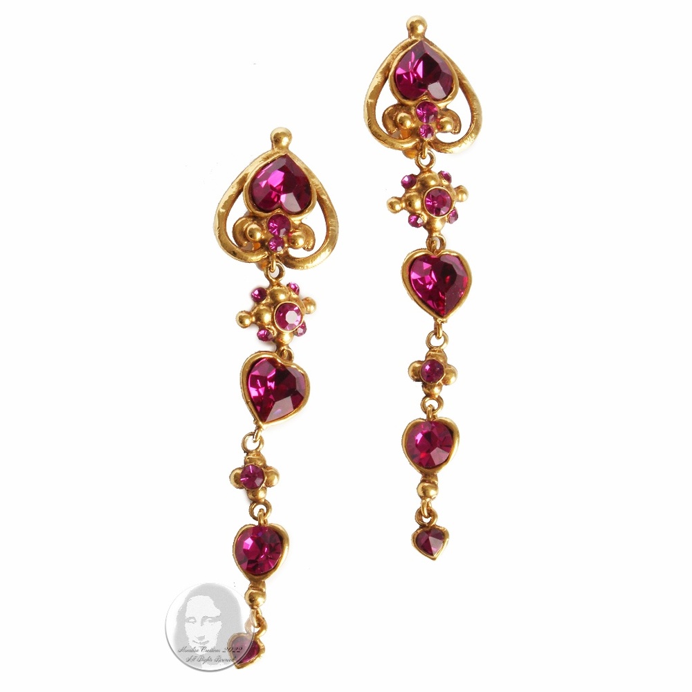 Emanuel Ungaro Earrings Oversized Dangle Rhinestones Baroque Statement 5in 80s